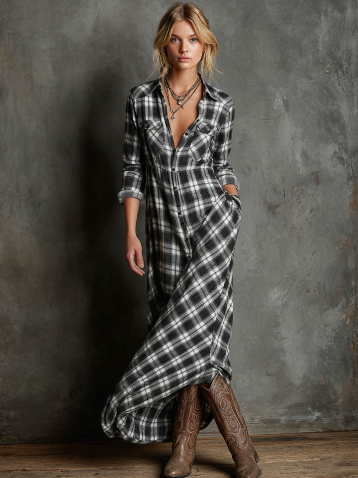 Blayra™ Women's Plaid Shirt Maxi Dress with Lapel