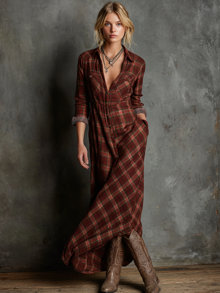 Blayra™ Women's Plaid Shirt Maxi Dress with Lapel